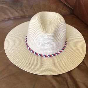 Straw hat with red, white & blue roping.